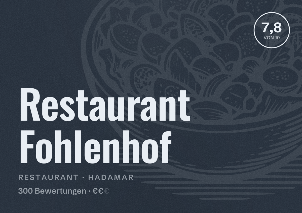 Illustriertes Poster von Restaurant Fohlenhof, Restaurant in Hadamar: Bewertung 7,8 von 10 aus 300 Bewertungen, Preisniveau €€
