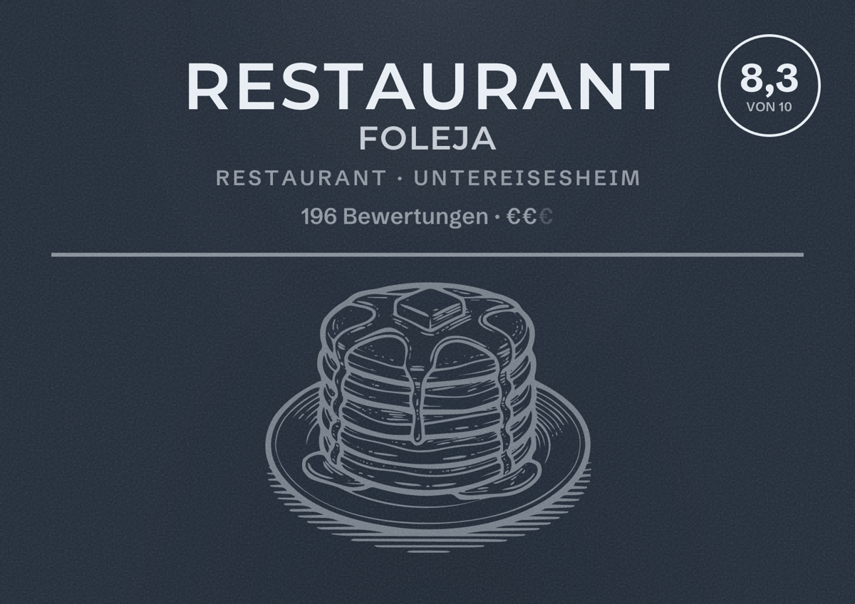 Illustriertes Poster von Restaurant Foleja, Restaurant in Untereisesheim: Bewertung 8,3 von 10 aus 196 Bewertungen, Preisniveau €€