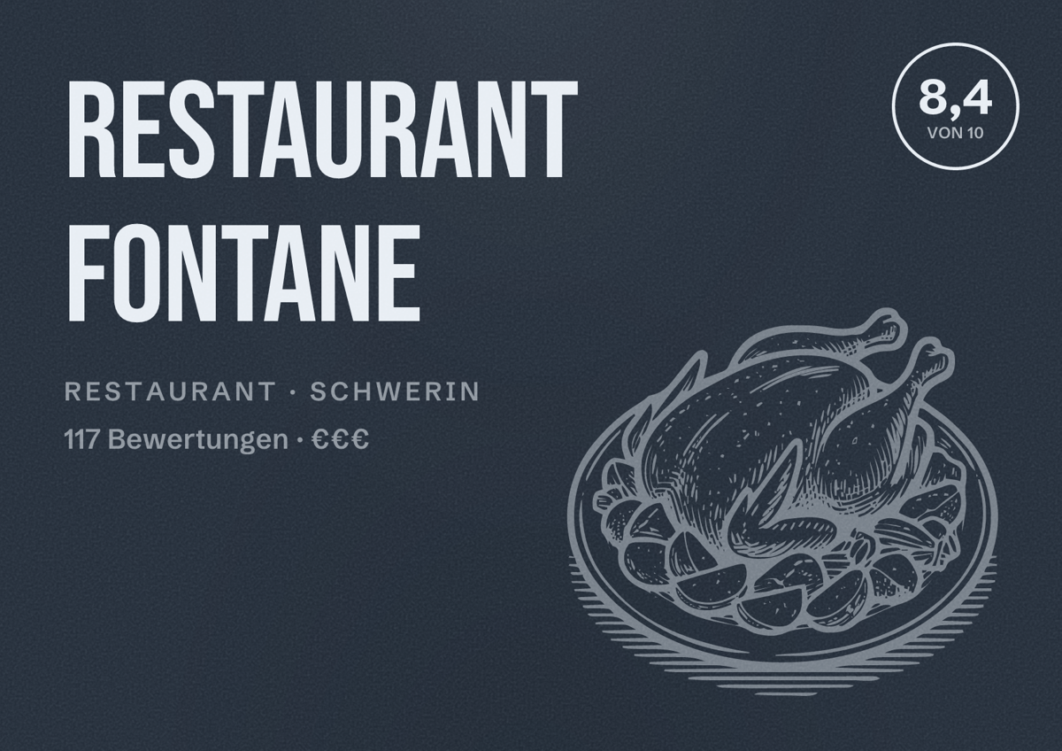 Illustriertes Poster von Restaurant Fontane, Restaurant in Schwerin: Bewertung 8,4 von 10 aus 117 Bewertungen, Preisniveau €€€