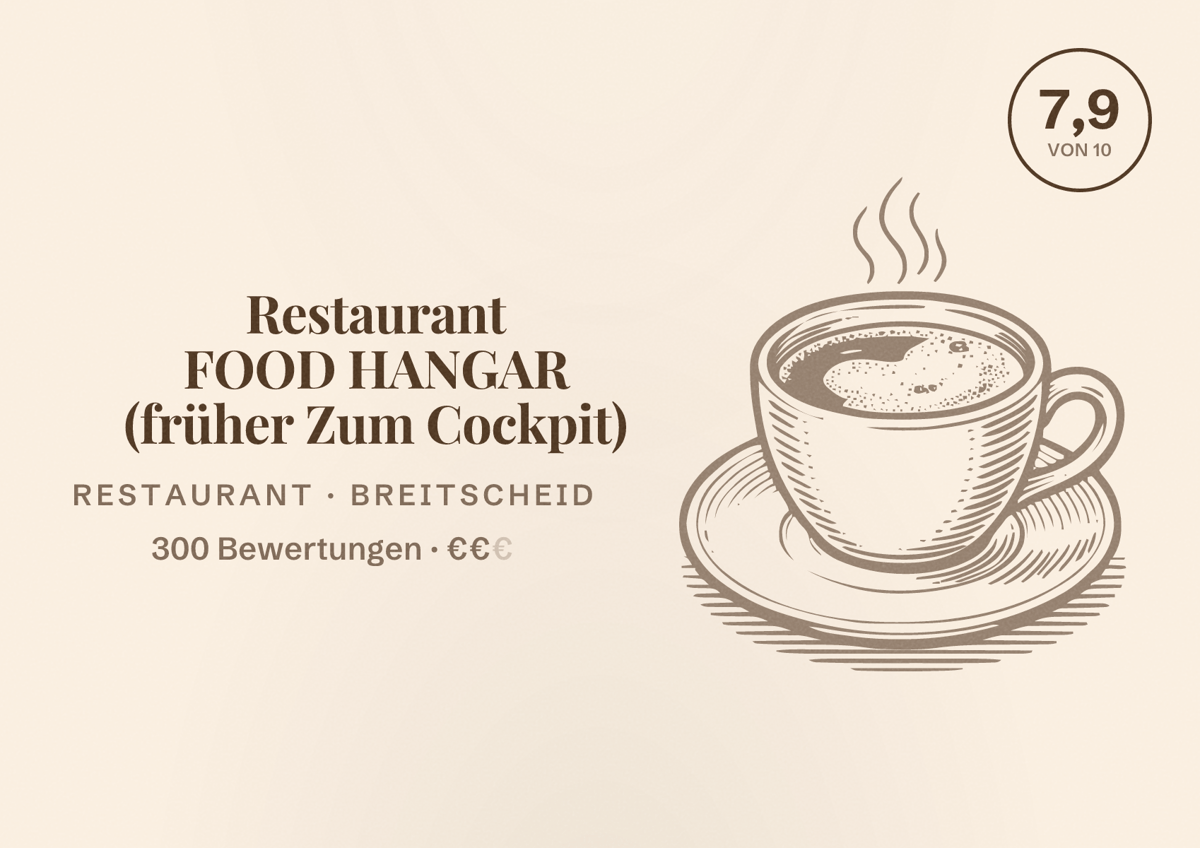 Illustriertes Poster von Restaurant FOOD HANGAR (früher Zum Cockpit), Restaurant in Breitscheid: Bewertung 7,9 von 10 aus 300 Bewertungen, Preisniveau €€