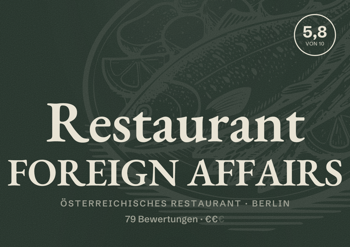 Illustriertes Poster von Restaurant FOREIGN AFFAIRS, Österreichisches Restaurant in Berlin: Bewertung 5,8 von 10 aus 79 Bewertungen, Preisniveau €€