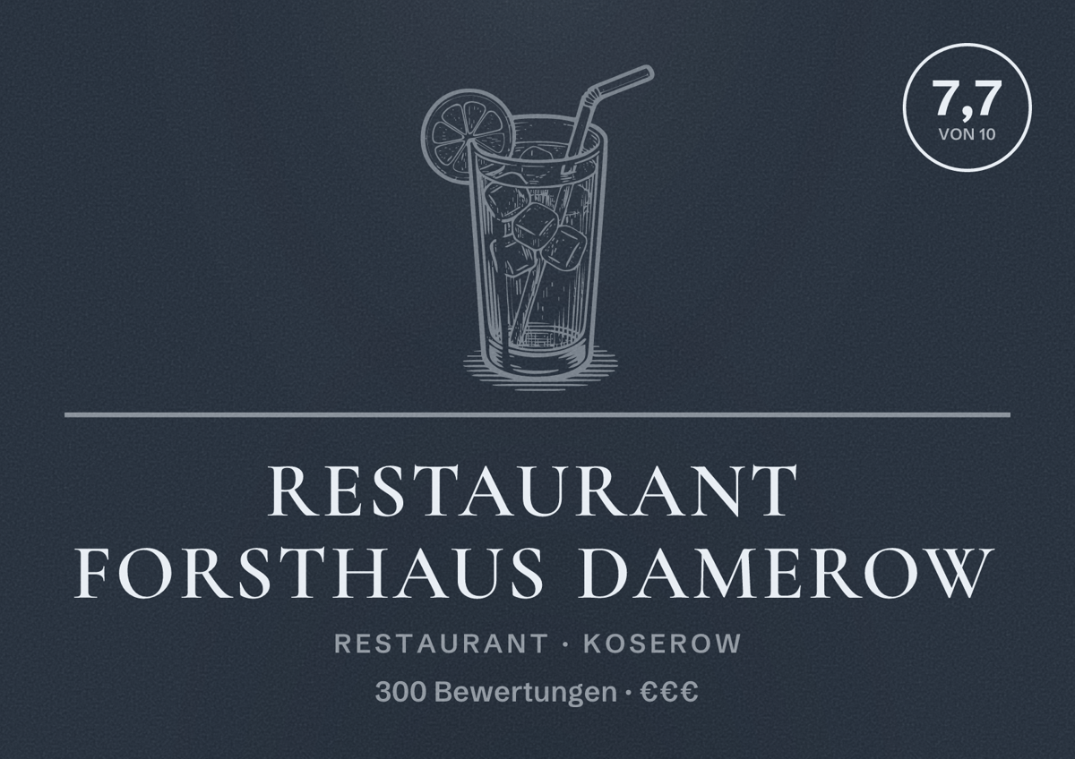 Illustriertes Poster von Restaurant Forsthaus Damerow, Restaurant in Koserow: Bewertung 7,7 von 10 aus 300 Bewertungen, Preisniveau €€€