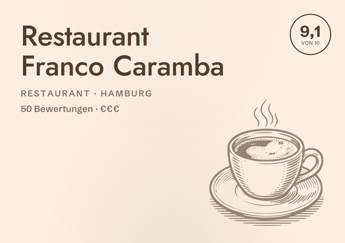 Illustriertes Poster von Restaurant Franco Caramba, Restaurant in Hamburg: Bewertung 9,1 von 10 aus 50 Bewertungen, Preisniveau €€€