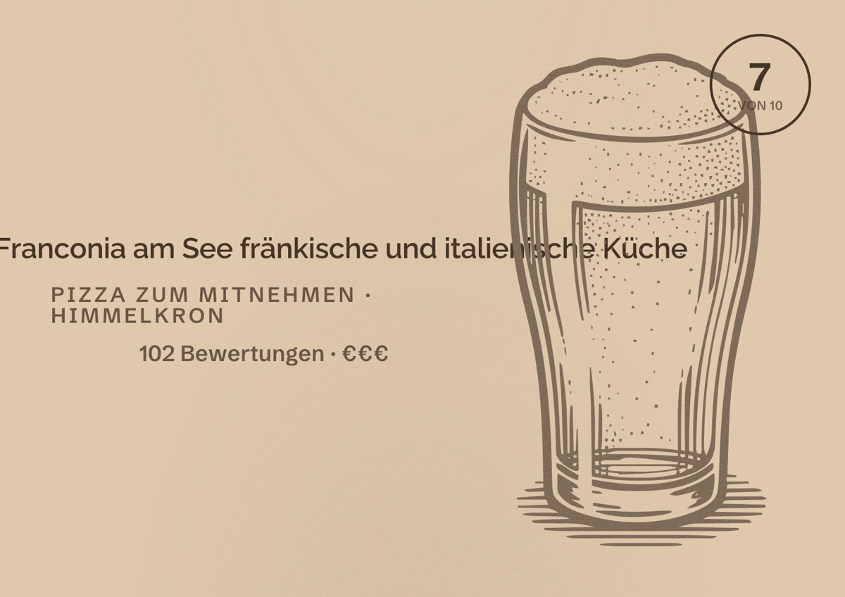 Illustriertes Poster von Restaurant Franconia am See fränkische und italienische Küche, Pizza zum Mitnehmen in Himmelkron: Bewertung 7 von 10 aus 102 Bewertungen, Preisniveau €€€