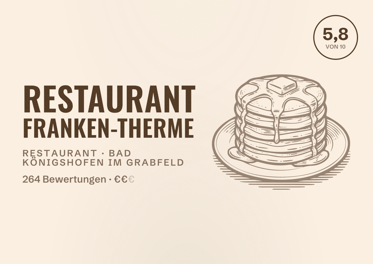 Illustriertes Poster von Restaurant Franken-Therme, Restaurant in Bad Königshofen im Grabfeld: Bewertung 5,8 von 10 aus 264 Bewertungen, Preisniveau €€