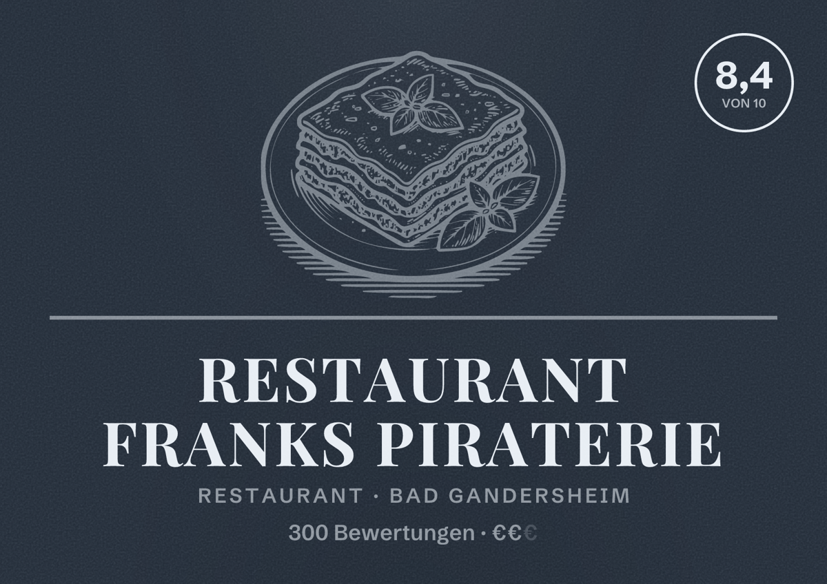 Illustriertes Poster von Restaurant Franks Piraterie, Restaurant in Bad Gandersheim: Bewertung 8,4 von 10 aus 300 Bewertungen, Preisniveau €€