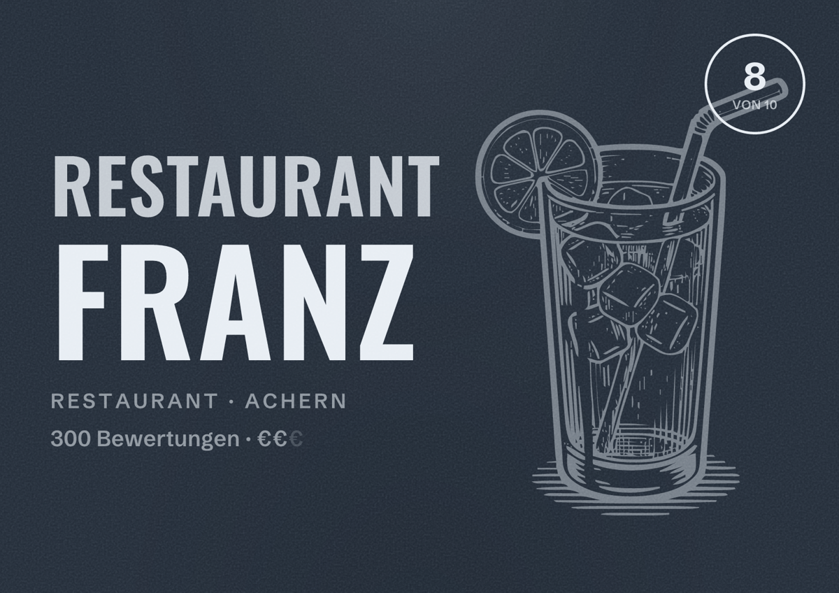 Illustriertes Poster von Restaurant Franz, Restaurant in Achern: Bewertung 8 von 10 aus 300 Bewertungen, Preisniveau €€