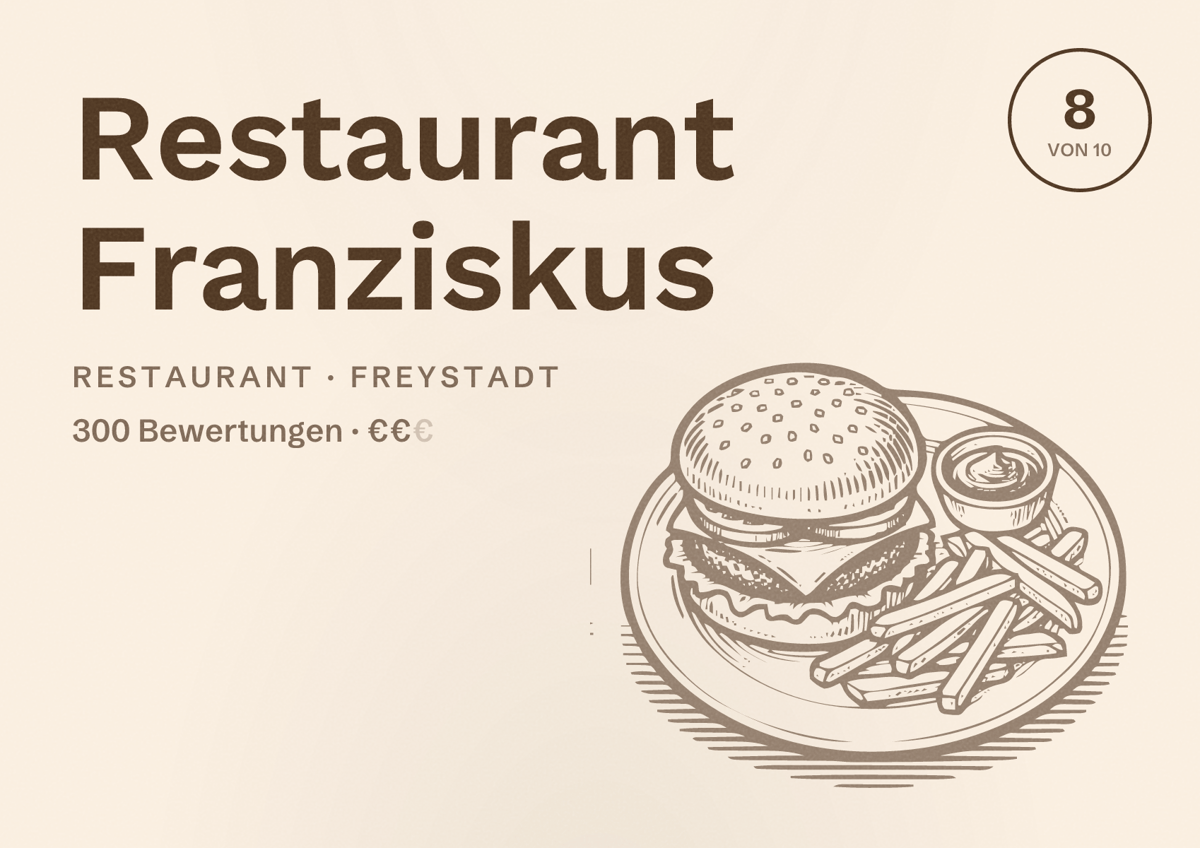 Illustriertes Poster von Restaurant Franziskus, Restaurant in Freystadt: Bewertung 8 von 10 aus 300 Bewertungen, Preisniveau €€