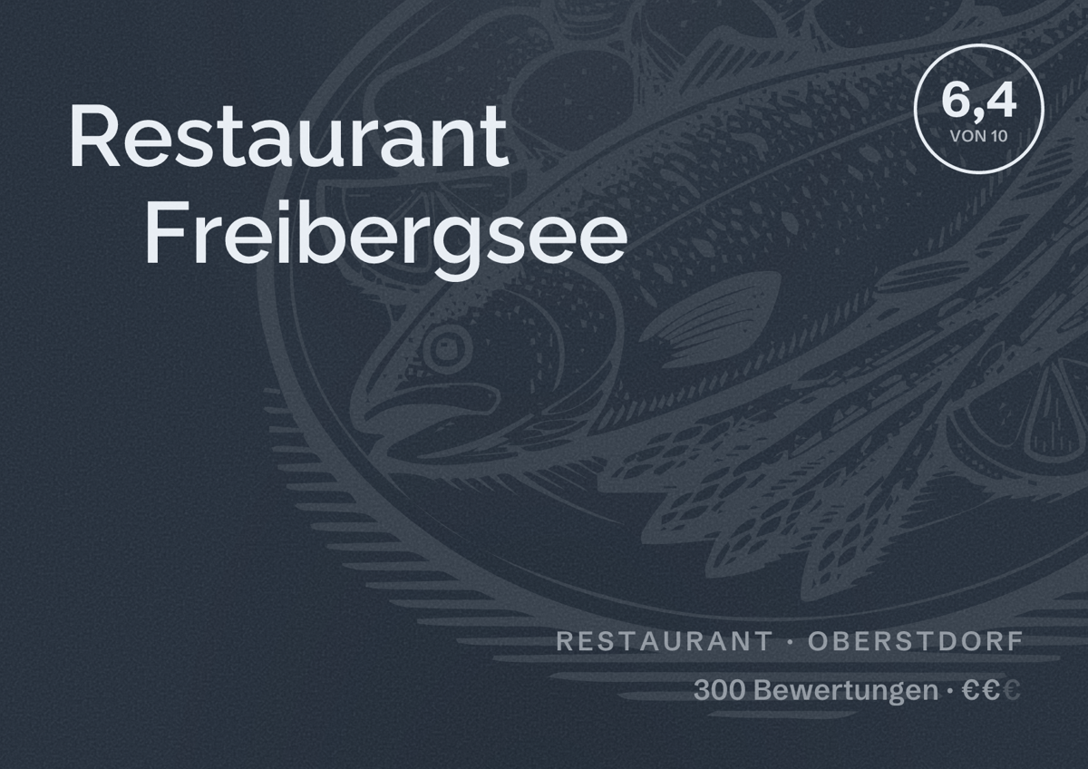 Illustriertes Poster von Restaurant Freibergsee, Restaurant in Oberstdorf: Bewertung 6,4 von 10 aus 300 Bewertungen, Preisniveau €€