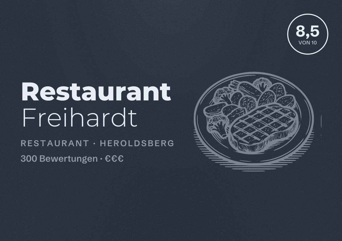 Illustriertes Poster von Restaurant Freihardt, Restaurant in Heroldsberg: Bewertung 8,5 von 10 aus 300 Bewertungen, Preisniveau €€€