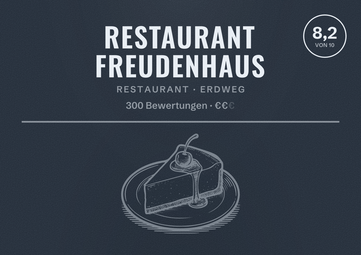 Illustriertes Poster von Restaurant Freudenhaus, Restaurant in Erdweg: Bewertung 8,2 von 10 aus 300 Bewertungen, Preisniveau €€