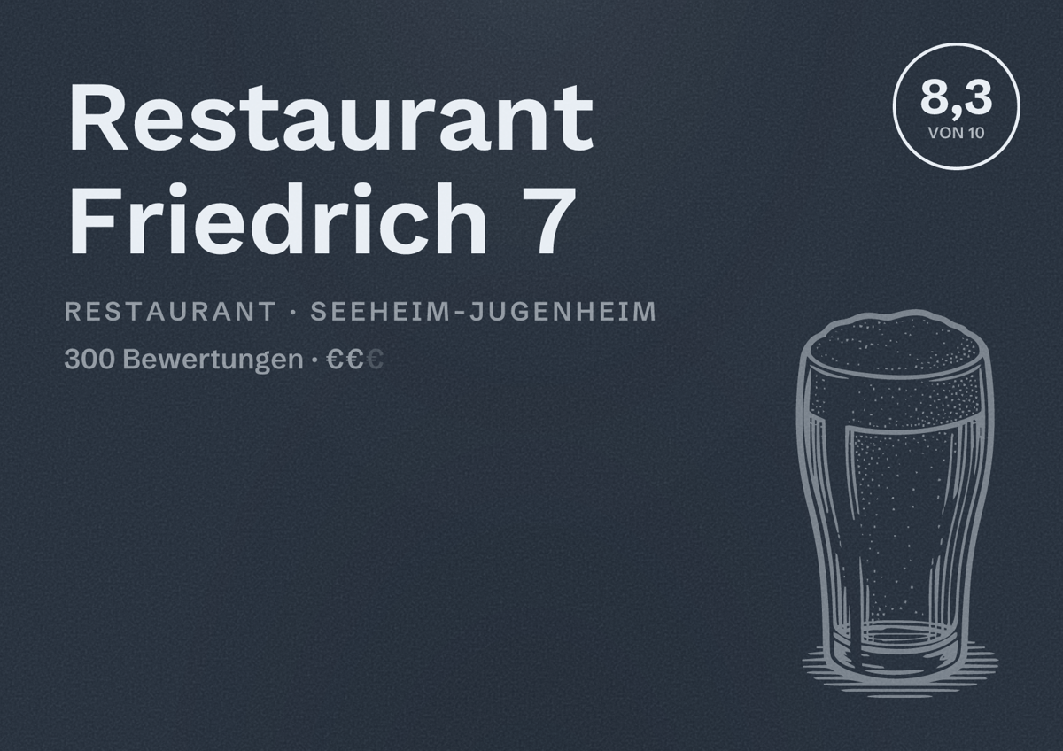 Illustriertes Poster von Restaurant Friedrich 7, Restaurant in Seeheim-Jugenheim: Bewertung 8,3 von 10 aus 300 Bewertungen, Preisniveau €€