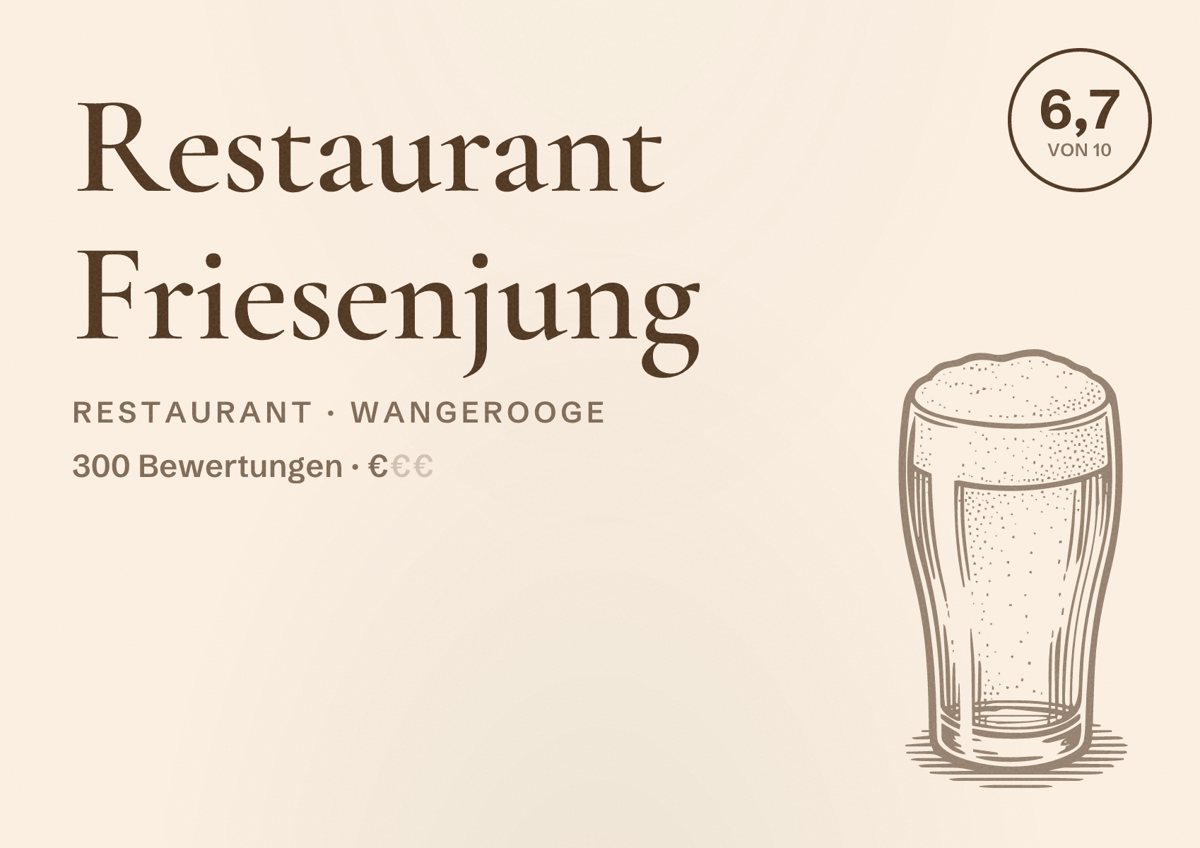 Illustriertes Poster von Restaurant Friesenjung, Restaurant in Wangerooge: Bewertung 6,7 von 10 aus 300 Bewertungen, Preisniveau €