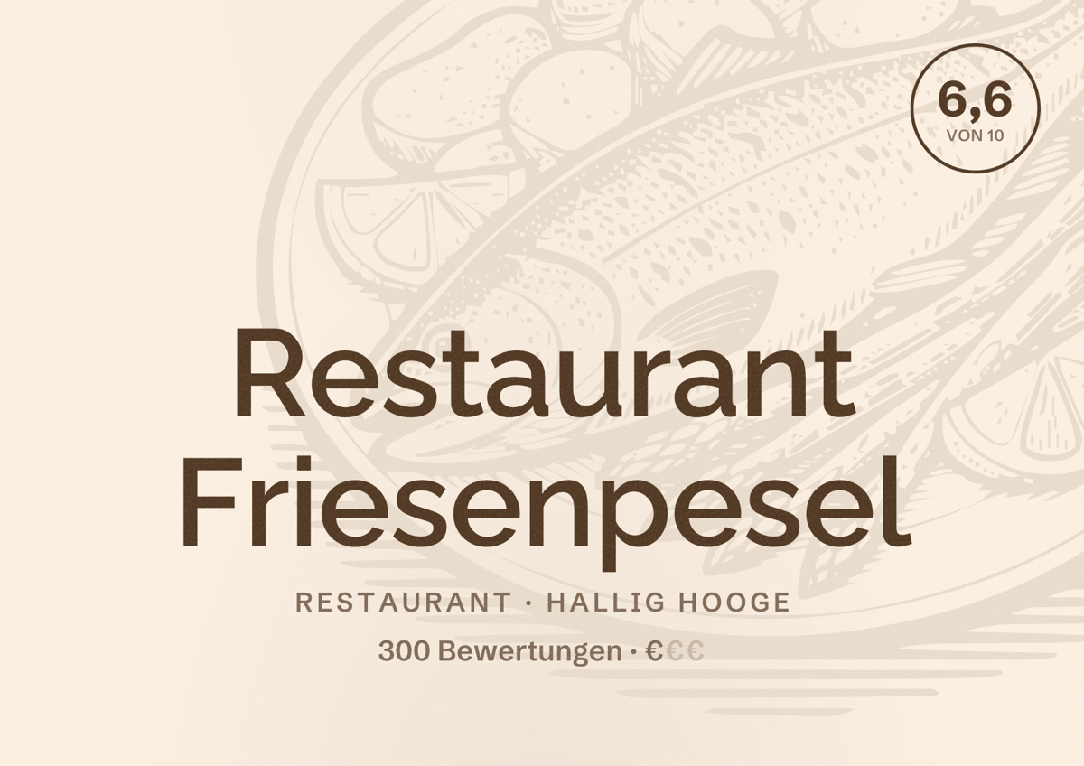 Illustriertes Poster von Restaurant Friesenpesel, Restaurant in Hallig Hooge: Bewertung 6,6 von 10 aus 300 Bewertungen, Preisniveau €