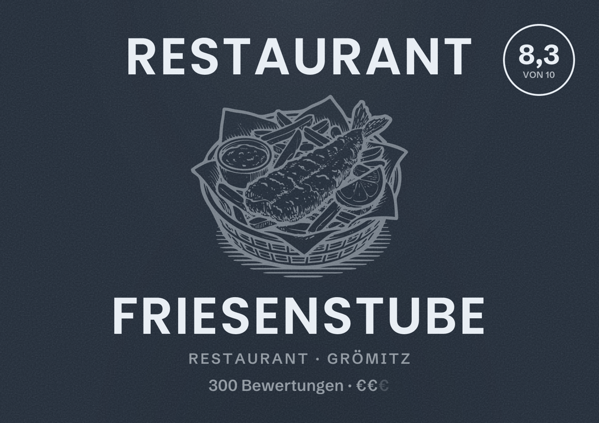 Illustriertes Poster von Restaurant Friesenstube, Restaurant in Grömitz: Bewertung 8,3 von 10 aus 300 Bewertungen, Preisniveau €€