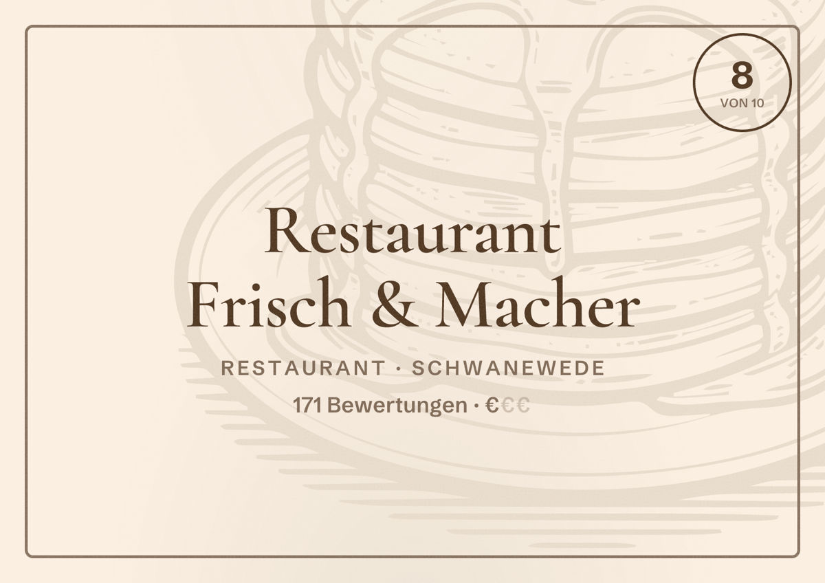Illustriertes Poster von Restaurant Frisch & Macher, Restaurant in Schwanewede: Bewertung 8 von 10 aus 171 Bewertungen, Preisniveau €