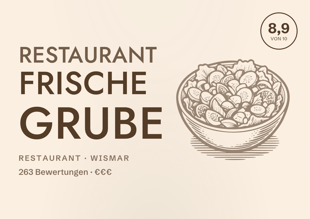 Illustriertes Poster von Restaurant Frische Grube, Restaurant in Wismar: Bewertung 8,9 von 10 aus 263 Bewertungen, Preisniveau €€€
