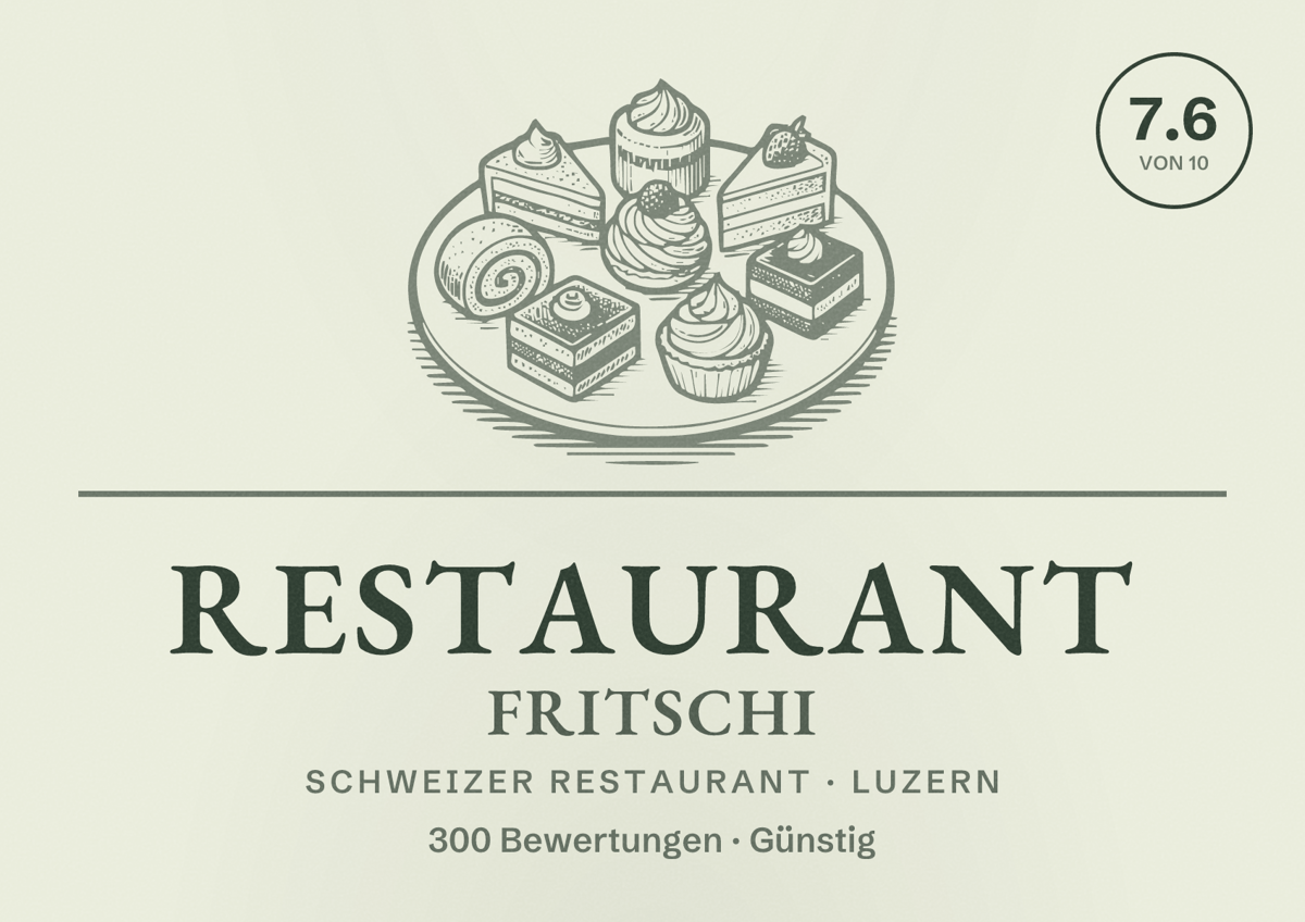 Illustriertes Poster von Restaurant Fritschi, Schweizer Restaurant in Luzern: Bewertung 7.6 von 10 aus 300 Bewertungen, Preisniveau Günstig