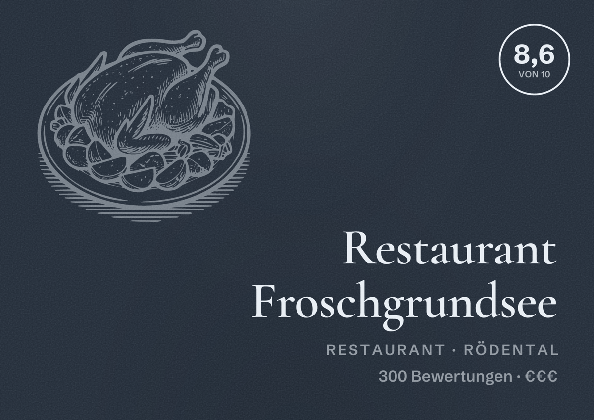 Illustriertes Poster von Restaurant Froschgrundsee, Restaurant in Rödental: Bewertung 8,6 von 10 aus 300 Bewertungen, Preisniveau €€€