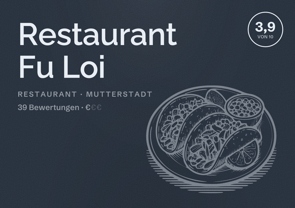 Illustriertes Poster von Restaurant Fu Loi, Restaurant in Mutterstadt: Bewertung 3,9 von 10 aus 39 Bewertungen, Preisniveau €