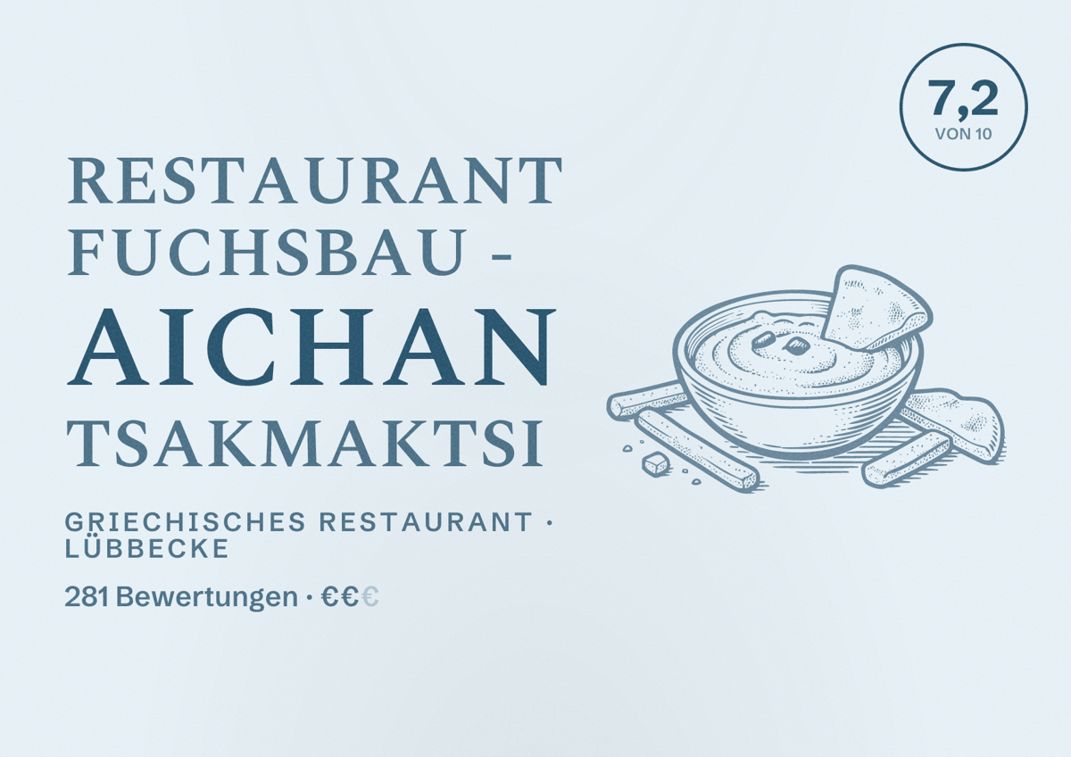 Illustriertes Poster von Restaurant Fuchsbau - Aichan Tsakmaktsi, Griechisches Restaurant in Lübbecke: Bewertung 7,2 von 10 aus 281 Bewertungen, Preisniveau €€