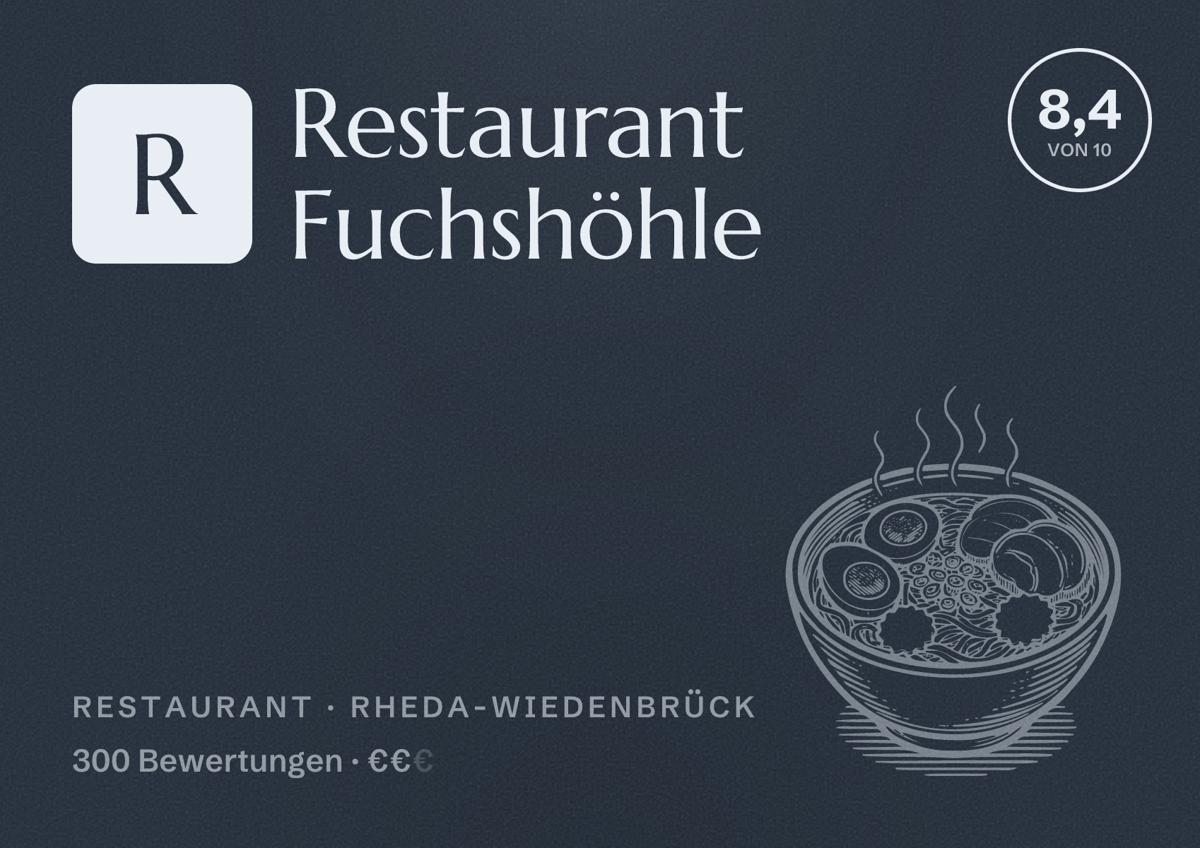 Illustriertes Poster von Restaurant Fuchshöhle, Restaurant in Rheda-Wiedenbrück: Bewertung 8,4 von 10 aus 300 Bewertungen, Preisniveau €€