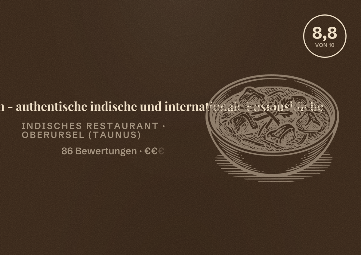 Illustriertes Poster von Restaurant Fusion - authentische indische und internationale Fusionsküche, Indisches Restaurant in Oberursel (Taunus): Bewertung 8,8 von 10 aus 86 Bewertungen, Preisniveau €€