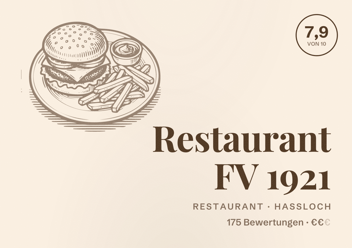 Illustriertes Poster von Restaurant FV 1921, Restaurant in Haßloch: Bewertung 7,9 von 10 aus 175 Bewertungen, Preisniveau €€