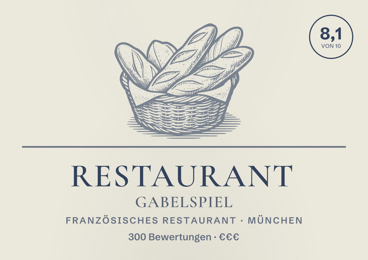 Illustriertes Poster von Restaurant Gabelspiel, Französisches Restaurant in München: Bewertung 8,1 von 10 aus 300 Bewertungen, Preisniveau €€€