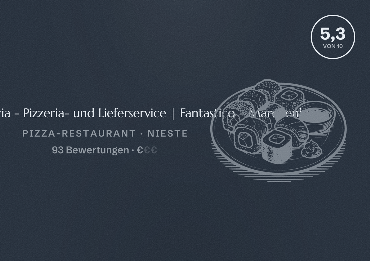 Illustriertes Poster von Restaurant Gabria - Pizzeria- und Lieferservice | Fantastico - Märchenhaft, Pizza-Restaurant in Nieste: Bewertung 5,3 von 10 aus 93 Bewertungen, Preisniveau €