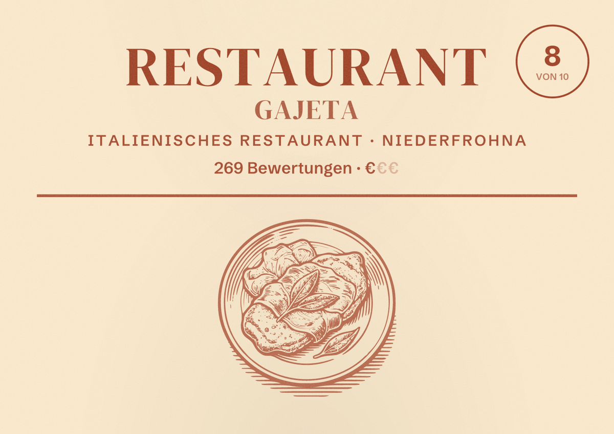 Illustriertes Poster von Restaurant Gajeta, Italienisches Restaurant in Niederfrohna: Bewertung 8 von 10 aus 269 Bewertungen, Preisniveau €