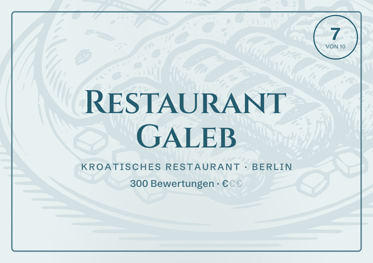 Illustriertes Poster von Restaurant Galeb, Kroatisches Restaurant in Berlin: Bewertung 7,0 von 10 aus 300 Bewertungen, Preisniveau €