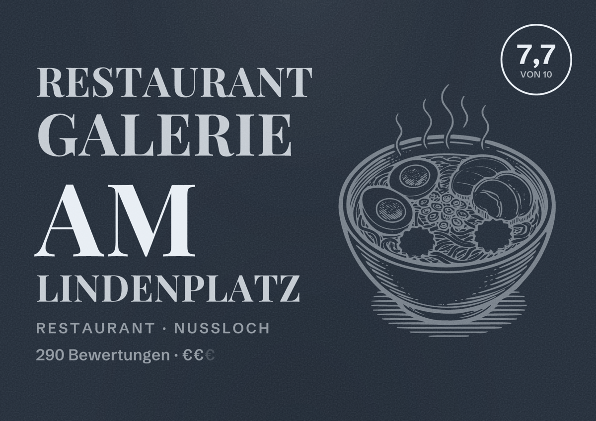 Illustriertes Poster von Restaurant Galerie am Lindenplatz, Restaurant in Nußloch: Bewertung 7,7 von 10 aus 290 Bewertungen, Preisniveau €€