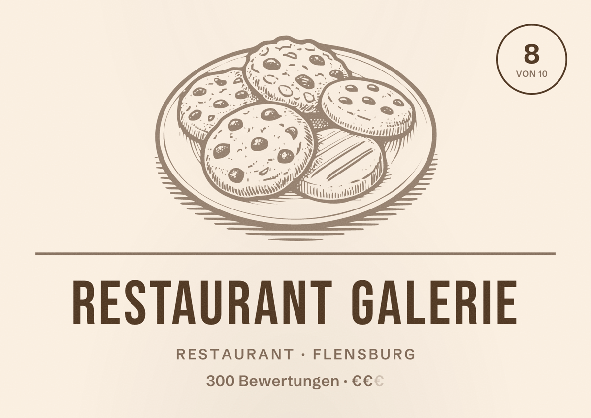 Illustriertes Poster von Restaurant Galerie, Restaurant in Flensburg: Bewertung 8 von 10 aus 300 Bewertungen, Preisniveau €€