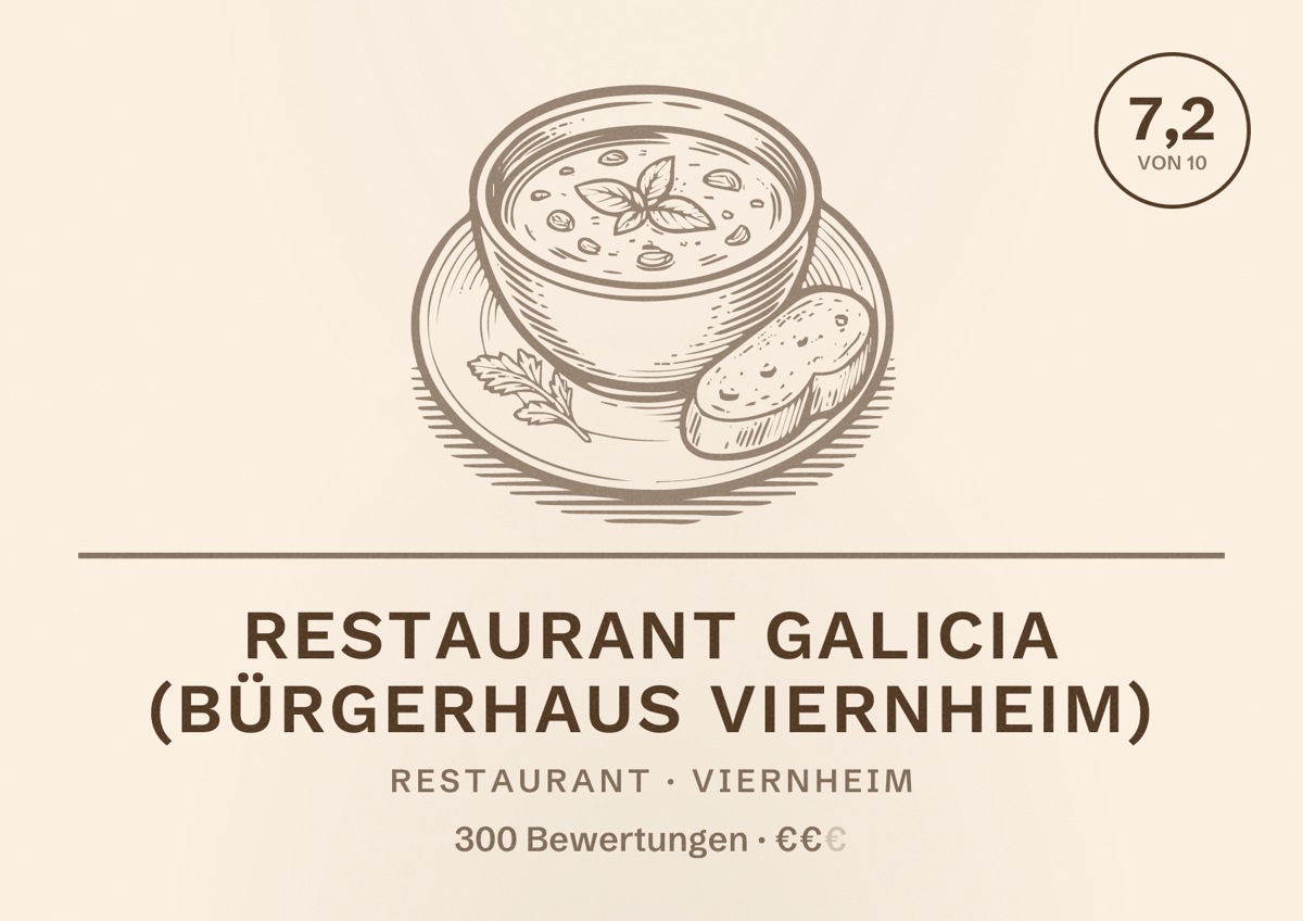Illustriertes Poster von Restaurant Galicia (Bürgerhaus Viernheim), Restaurant in Viernheim: Bewertung 7,2 von 10 aus 300 Bewertungen, Preisniveau €€