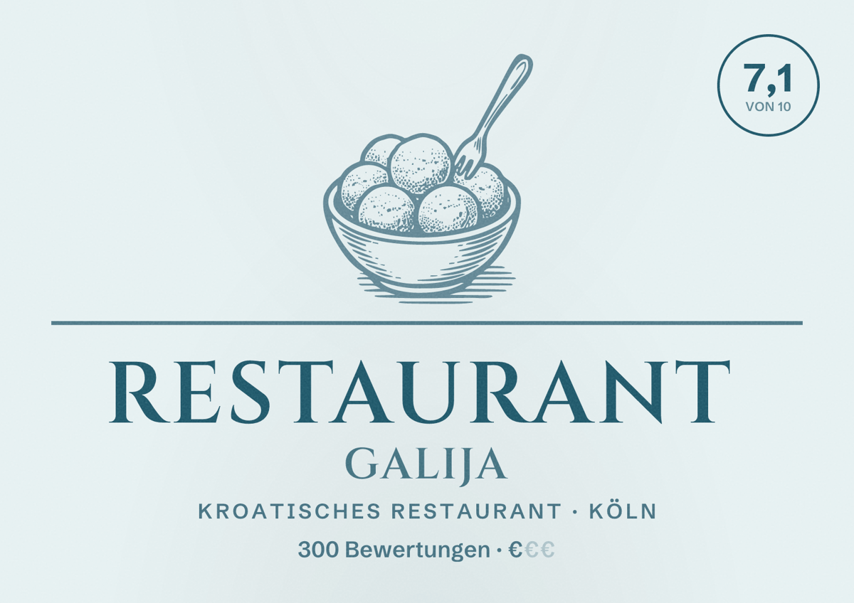 Illustriertes Poster von Restaurant Galija, Kroatisches Restaurant in Köln: Bewertung 7,1 von 10 aus 300 Bewertungen, Preisniveau €