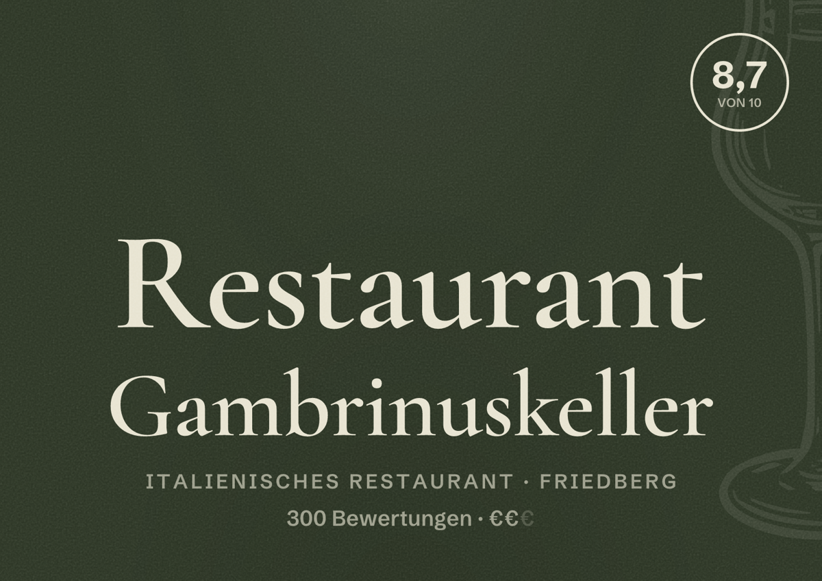 Illustriertes Poster von Restaurant Gambrinuskeller, Italienisches Restaurant in Friedberg: Bewertung 8,7 von 10 aus 300 Bewertungen, Preisniveau €€