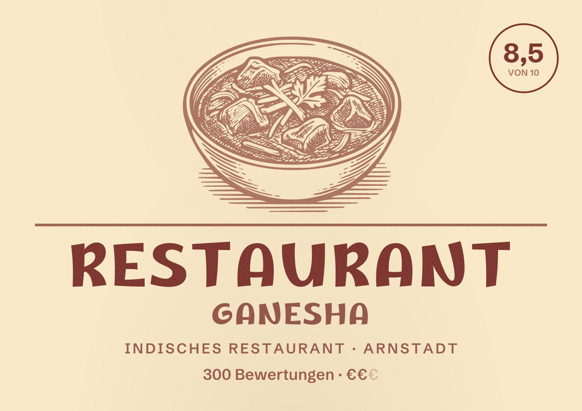 Illustriertes Poster von Restaurant Ganesha, Indisches Restaurant in Arnstadt: Bewertung 8,5 von 10 aus 300 Bewertungen, Preisniveau €€