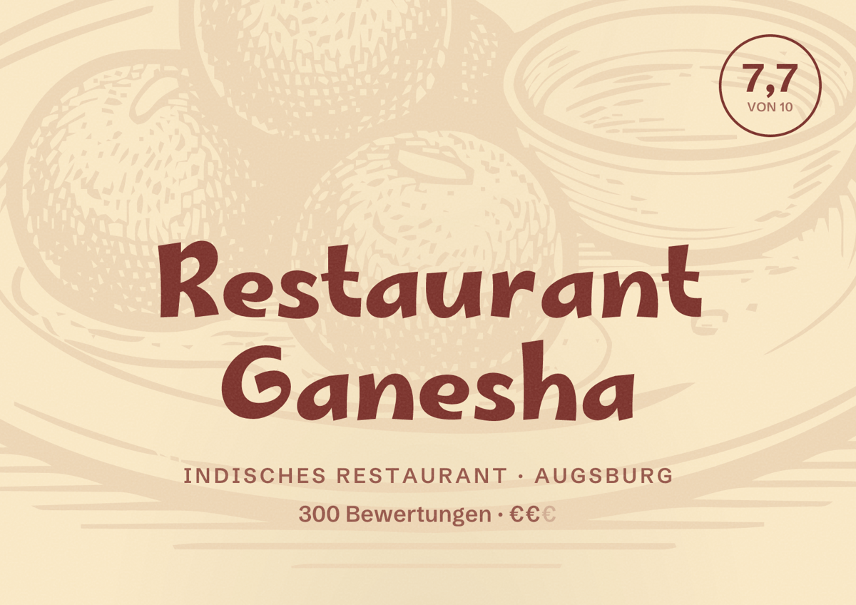Illustriertes Poster von Restaurant Ganesha, Indisches Restaurant in Augsburg: Bewertung 7,7 von 10 aus 300 Bewertungen, Preisniveau €€