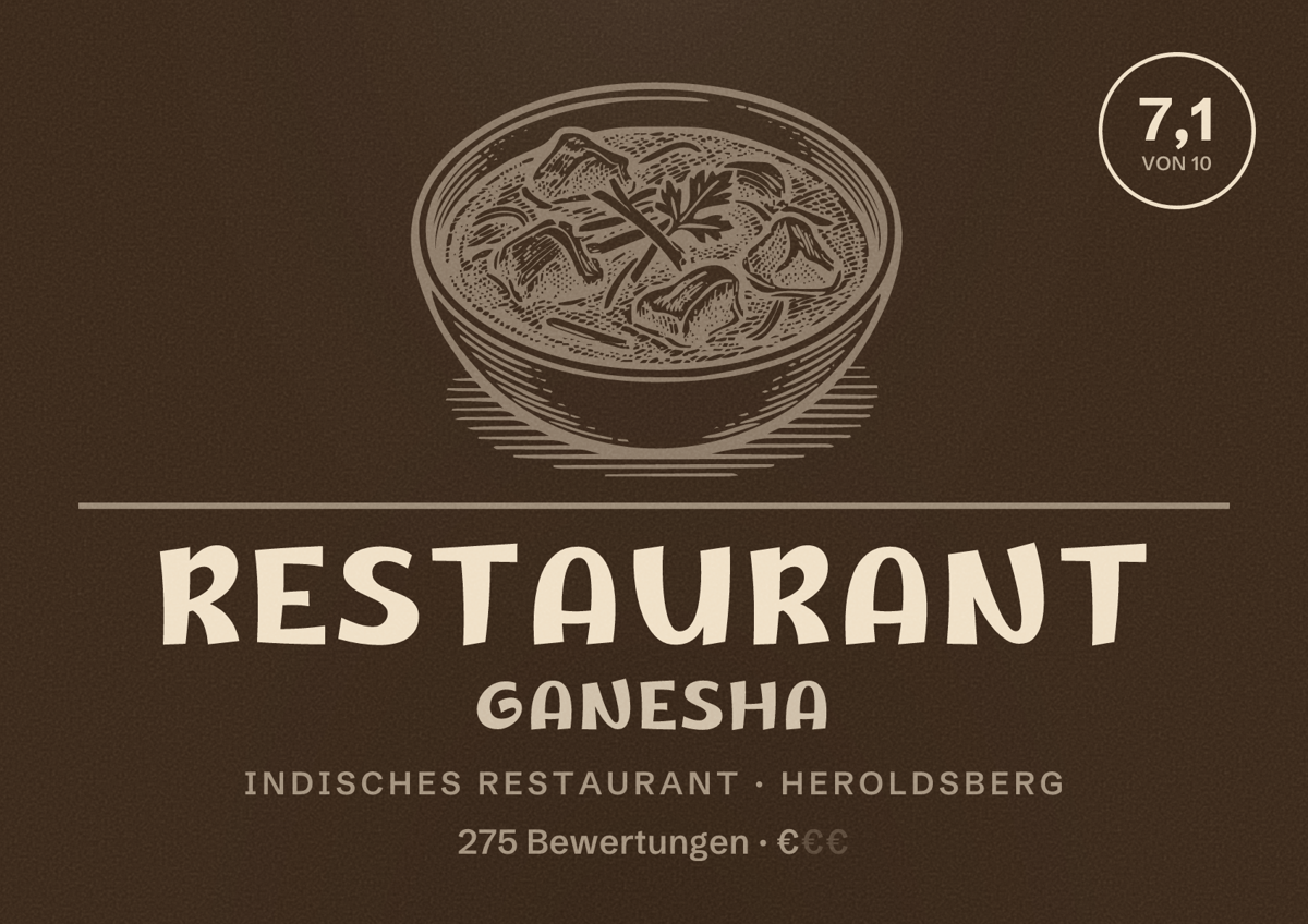 Illustriertes Poster von Restaurant Ganesha, Indisches Restaurant in Heroldsberg: Bewertung 7,1 von 10 aus 275 Bewertungen, Preisniveau €