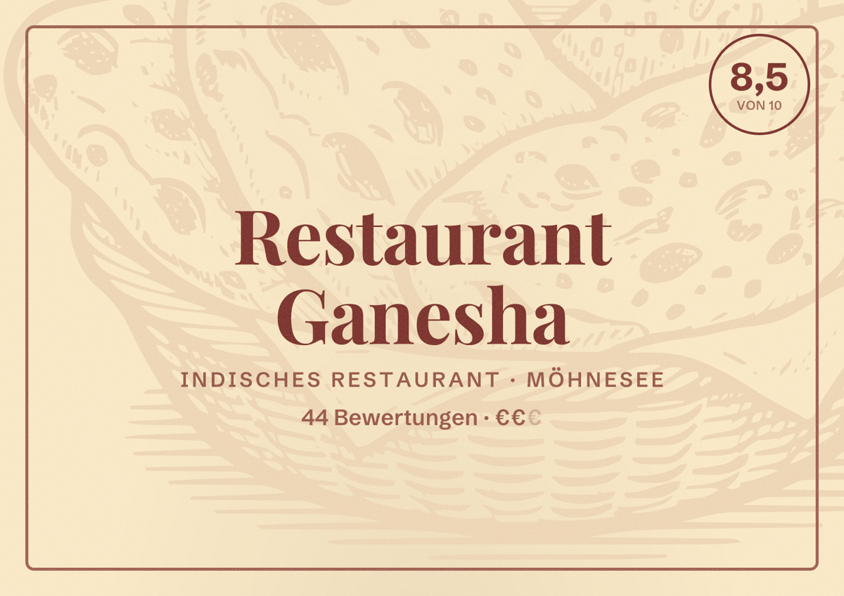 Illustriertes Poster von Restaurant Ganesha, Indisches Restaurant in Möhnesee: Bewertung 8,5 von 10 aus 44 Bewertungen, Preisniveau €€
