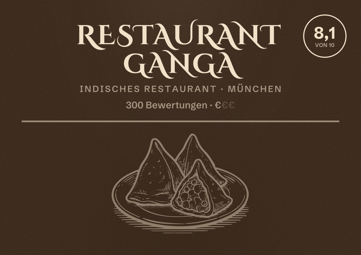 Illustriertes Poster von Restaurant Ganga, Indisches Restaurant in München: Bewertung 8,1 von 10 aus 300 Bewertungen, Preisniveau €