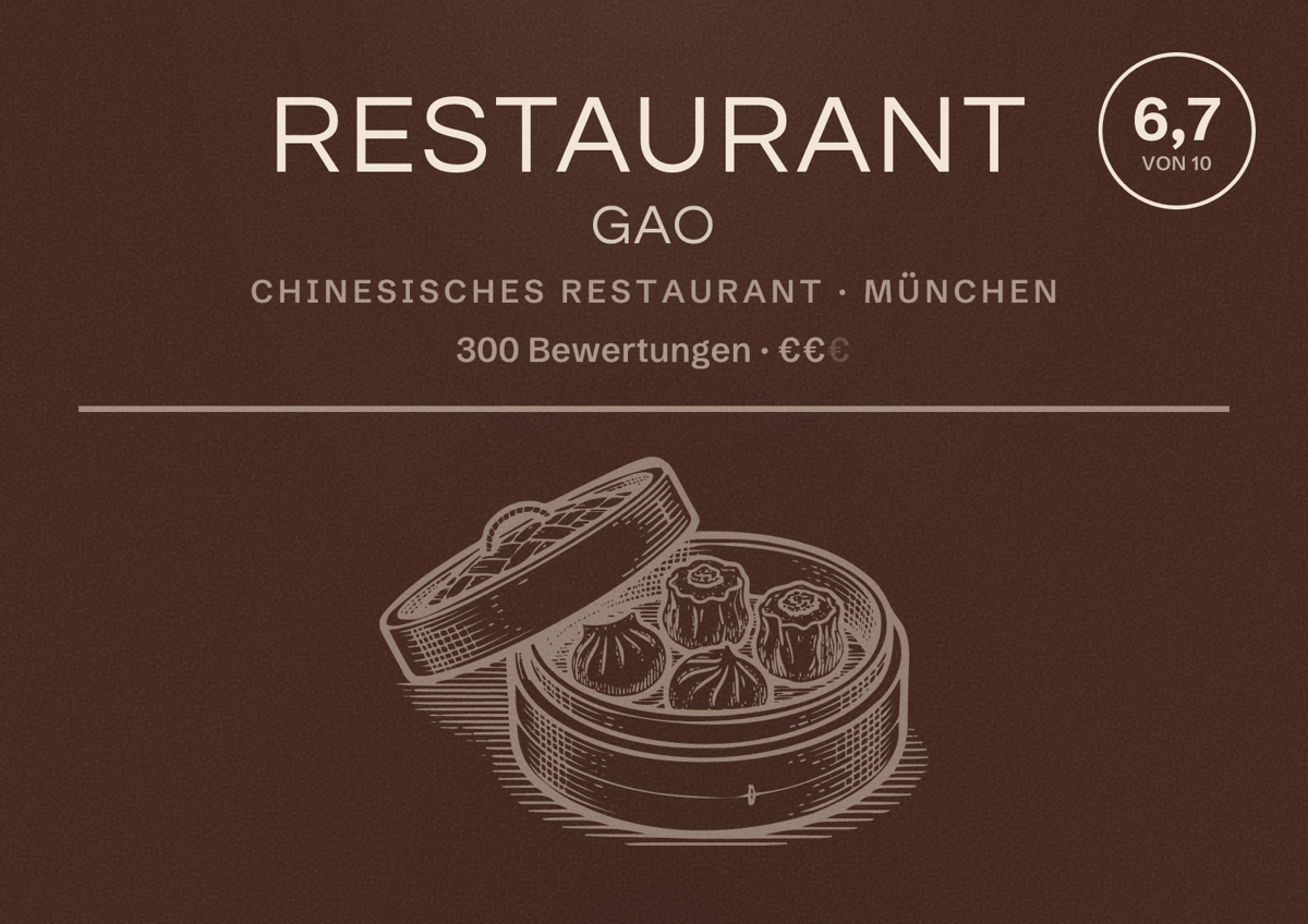 Illustriertes Poster von Restaurant Gao, Chinesisches Restaurant in München: Bewertung 6,7 von 10 aus 300 Bewertungen, Preisniveau €€