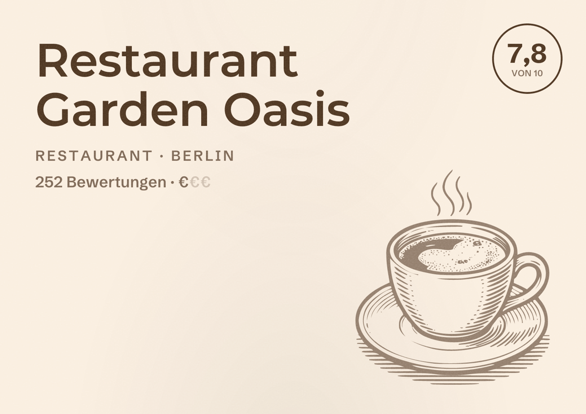 Illustriertes Poster von Restaurant Garden Oasis, Restaurant in Berlin: Bewertung 7,8 von 10 aus 252 Bewertungen, Preisniveau €
