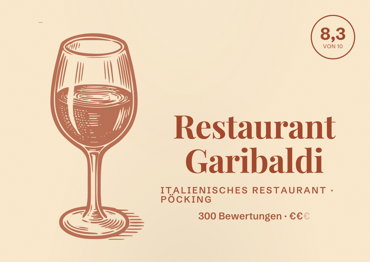Illustriertes Poster von Restaurant Garibaldi, Italienisches Restaurant in Pöcking: Bewertung 8,3 von 10 aus 300 Bewertungen, Preisniveau €€
