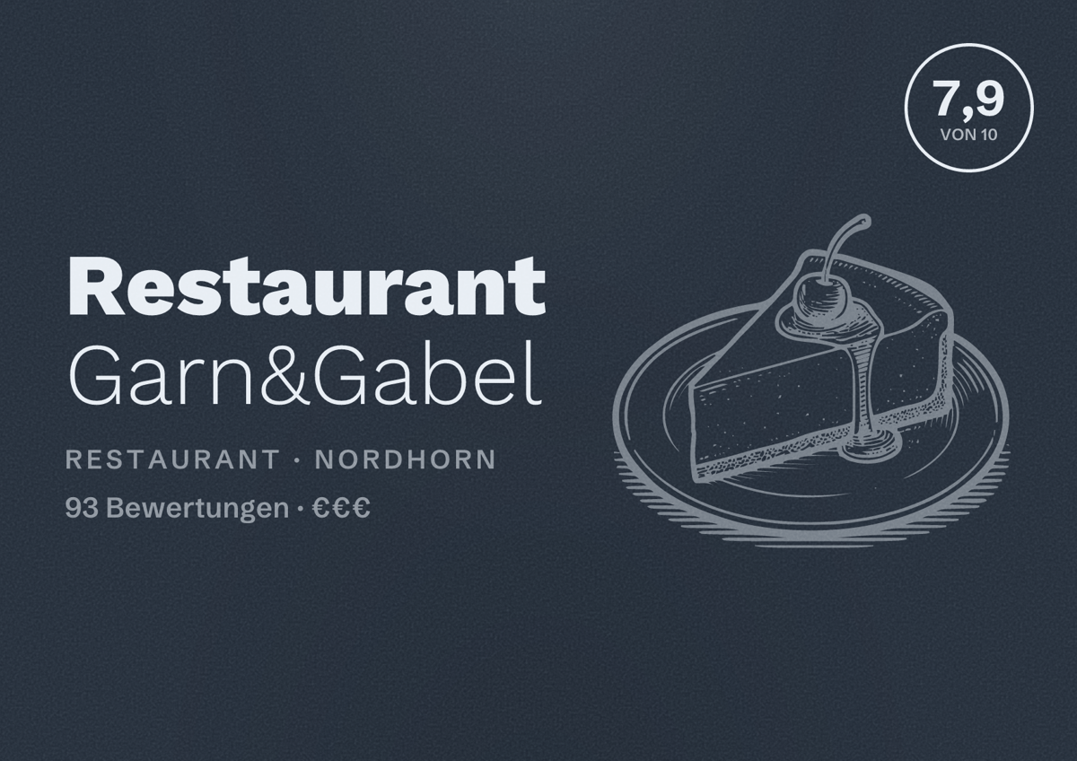 Illustriertes Poster von Restaurant Garn&Gabel, Restaurant in Nordhorn: Bewertung 7,9 von 10 aus 93 Bewertungen, Preisniveau €€€
