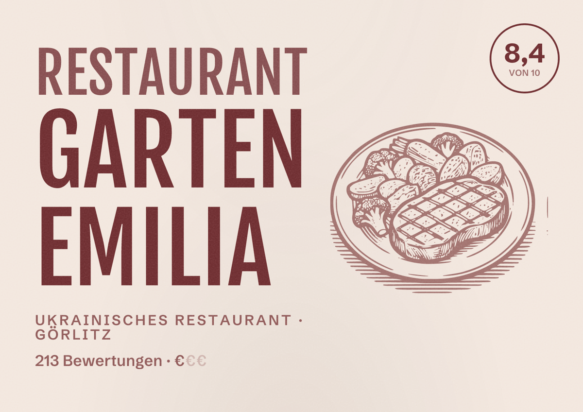Illustriertes Poster von Restaurant Garten Emilia, Ukrainisches Restaurant in Görlitz: Bewertung 8,4 von 10 aus 213 Bewertungen, Preisniveau €