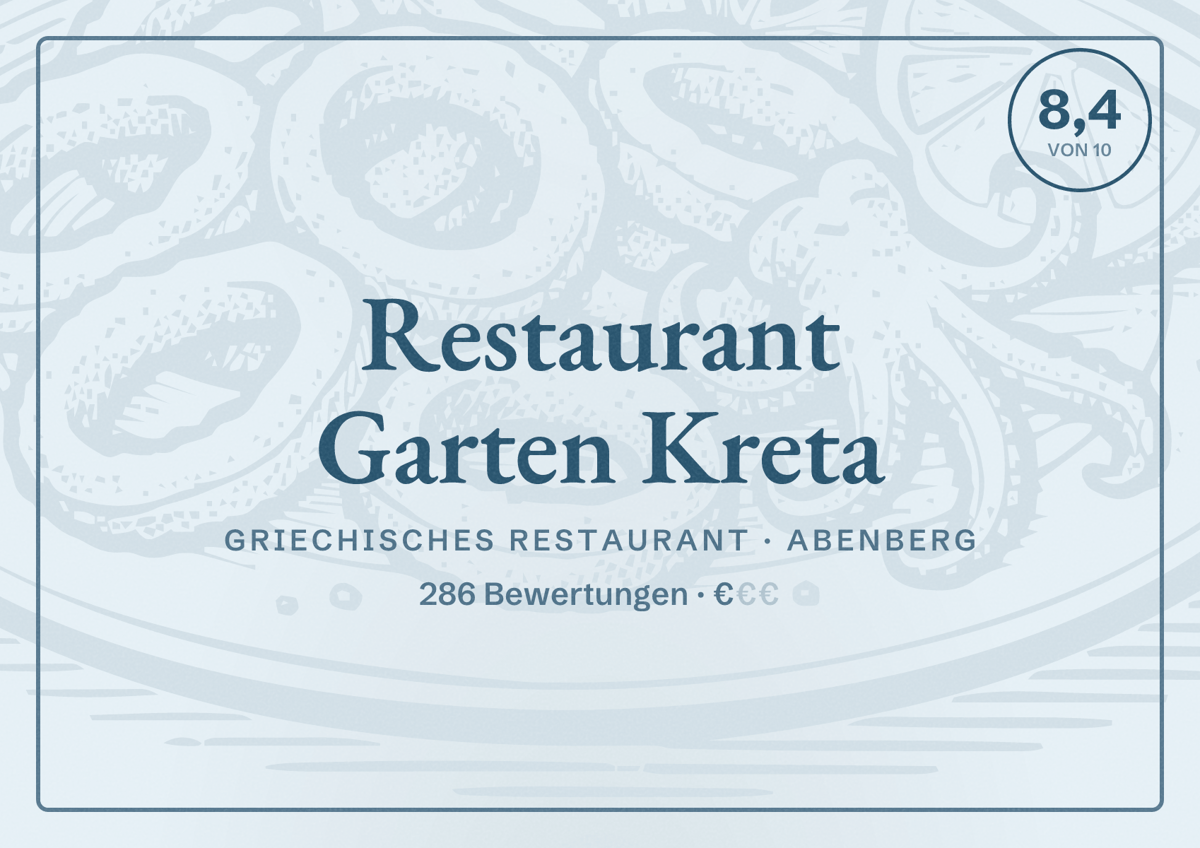 Illustriertes Poster von Restaurant Garten Kreta, Griechisches Restaurant in Abenberg: Bewertung 8,4 von 10 aus 286 Bewertungen, Preisniveau €