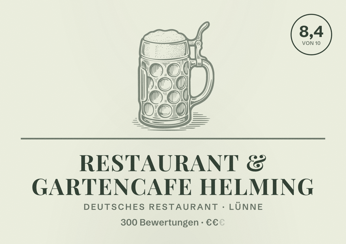Illustriertes Poster von Restaurant & Gartencafe Helming, Deutsches Restaurant in Lünne: Bewertung 8,4 von 10 aus 300 Bewertungen, Preisniveau €€