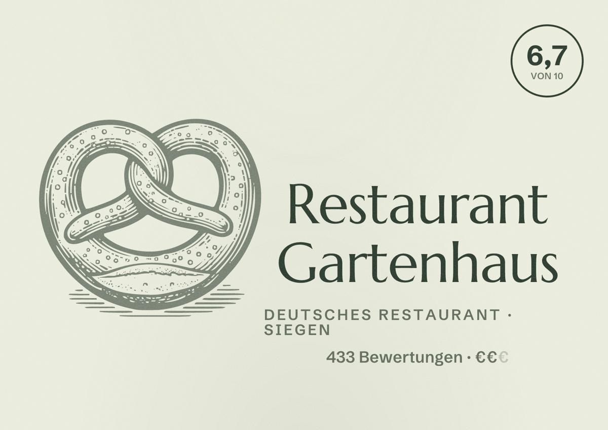 Illustriertes Poster von Restaurant Gartenhaus, Deutsches Restaurant in Siegen: Bewertung 6,7 von 10 aus 433 Bewertungen, Preisniveau €€